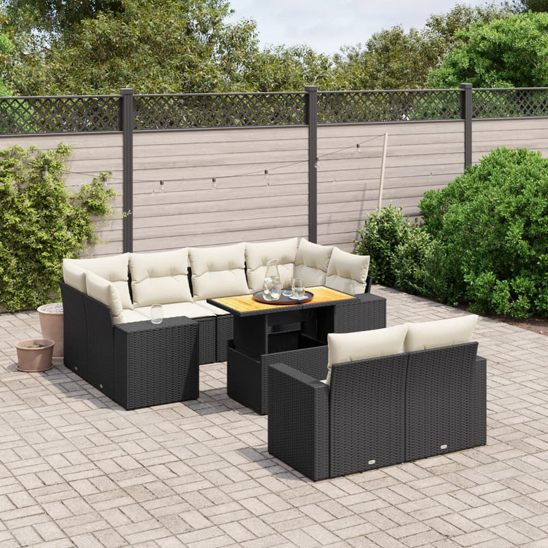 11-delige Loungeset met kussens poly rattan zwart