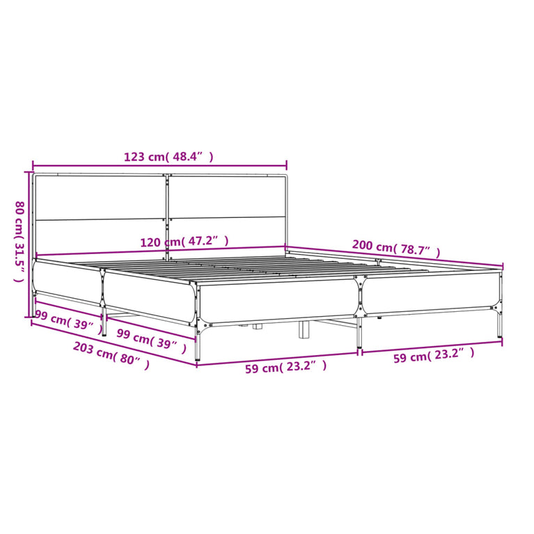 Bedframe bewerkt hout metaal bruin eikenkleur 120x200 cm