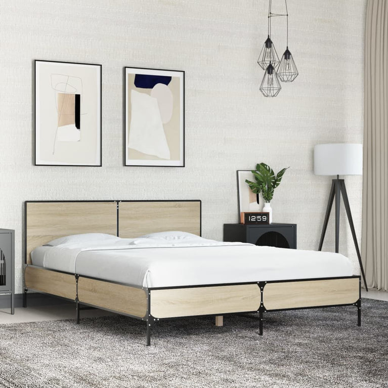 Bedframe bewerkt hout metaal sonoma eikenkleurig 140x200 cm