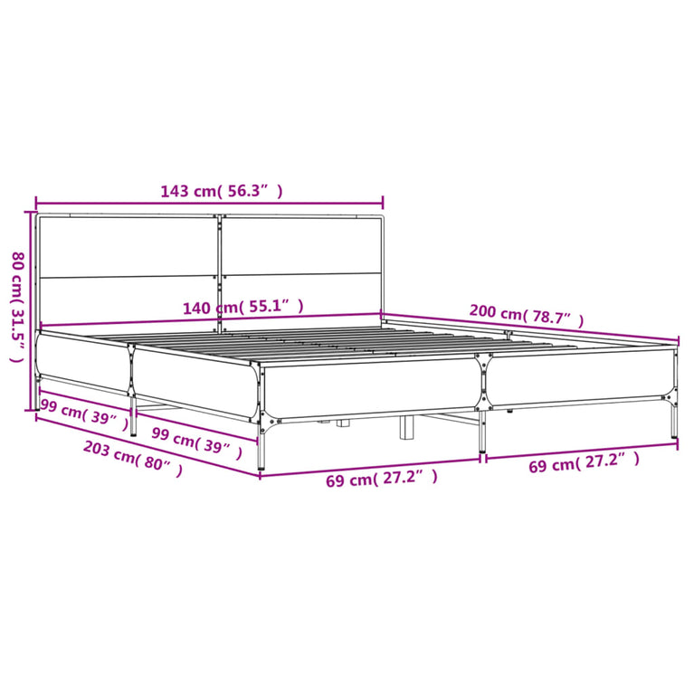 Bedframe bewerkt hout metaal grijs sonoma eiken 140x200 cm