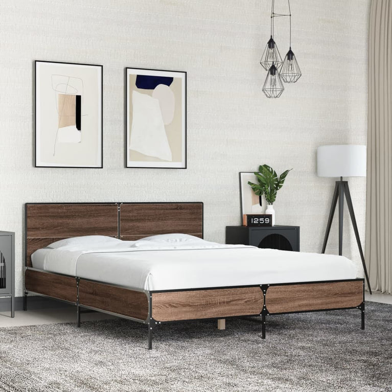 Bedframe bewerkt hout metaal bruin eikenkleur 140x200 cm