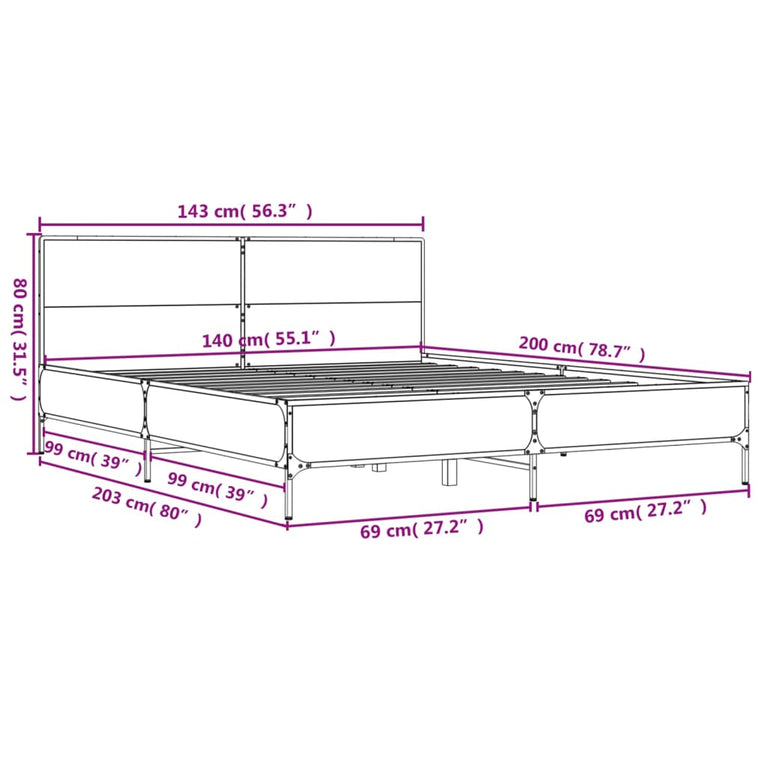 Bedframe bewerkt hout metaal bruin eikenkleur 140x200 cm
