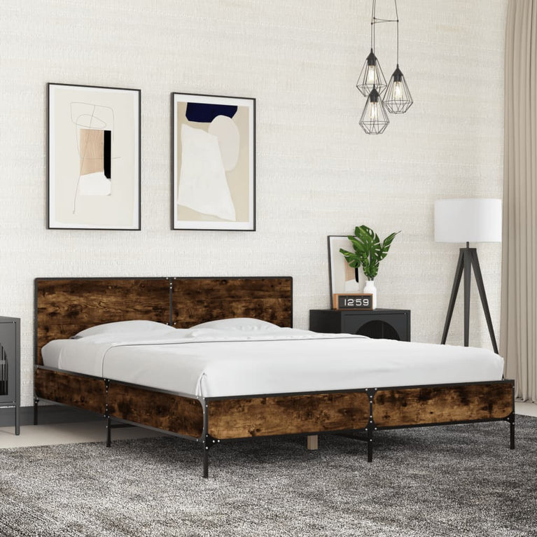 Bedframe bewerkt hout metaal gerookt eikenkleurig 150x200 cm