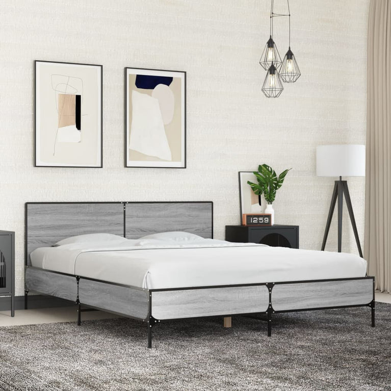 Bedframe bewerkt hout metaal grijs sonoma eiken 150x200 cm