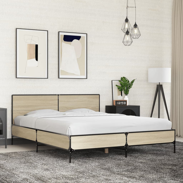 Bedframe bewerkt hout metaal sonoma eikenkleurig 160x200 cm