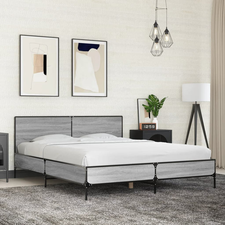 Bedframe bewerkt hout metaal grijs sonoma eiken 160x200 cm