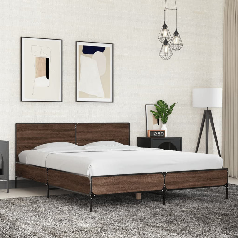 Bedframe bewerkt hout metaal bruin eikenkleur 160x200 cm