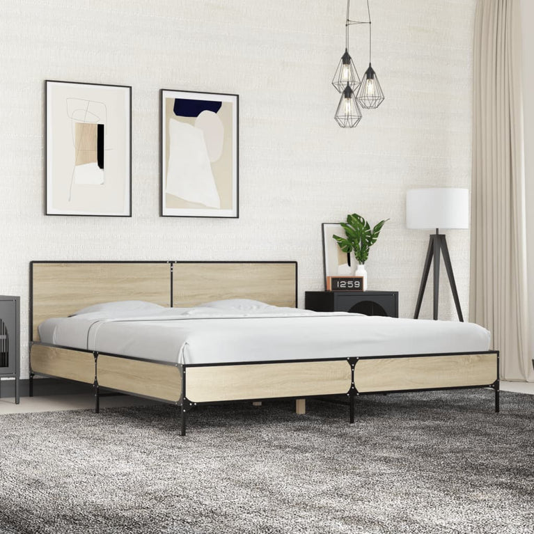 Bedframe bewerkt hout metaal sonoma eikenkleurig 180x200 cm