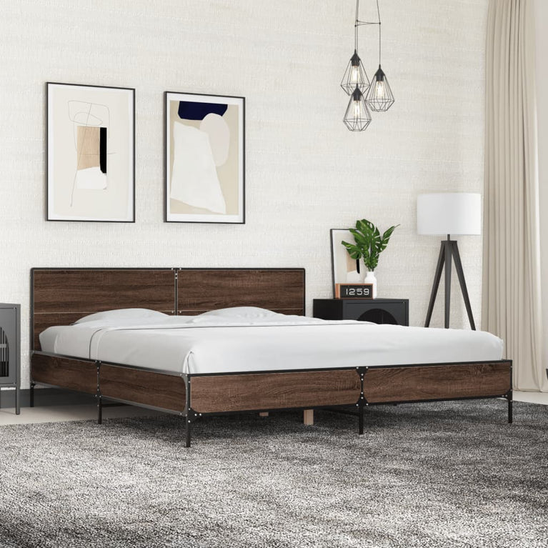 Bedframe bewerkt hout metaal bruin eikenkleur 180x200 cm