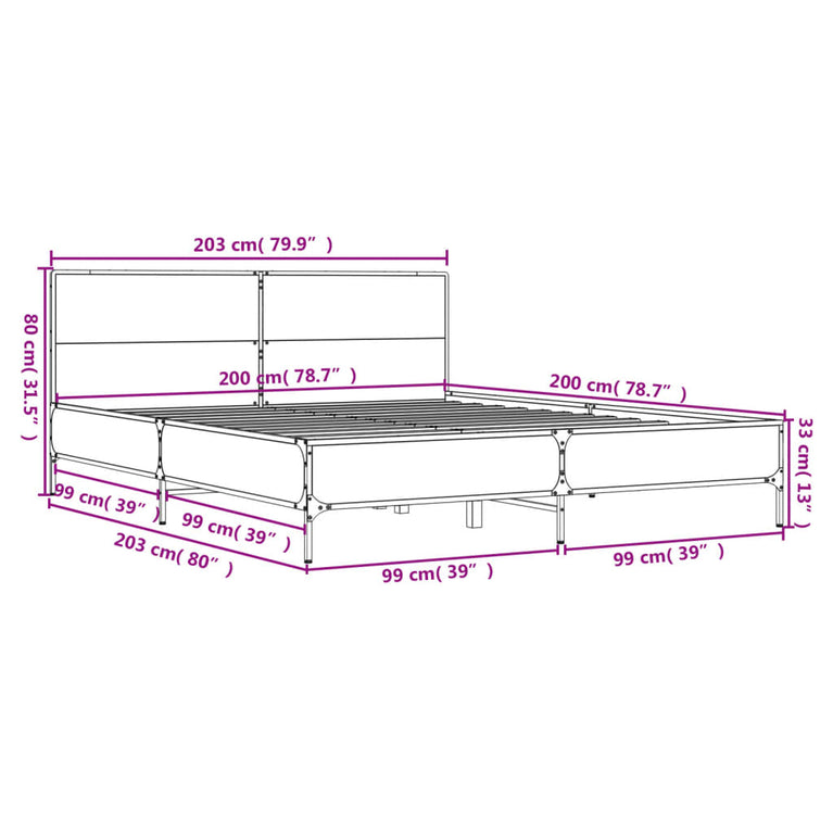 Bedframe bewerkt hout metaal sonoma eikenkleurig 200x200 cm