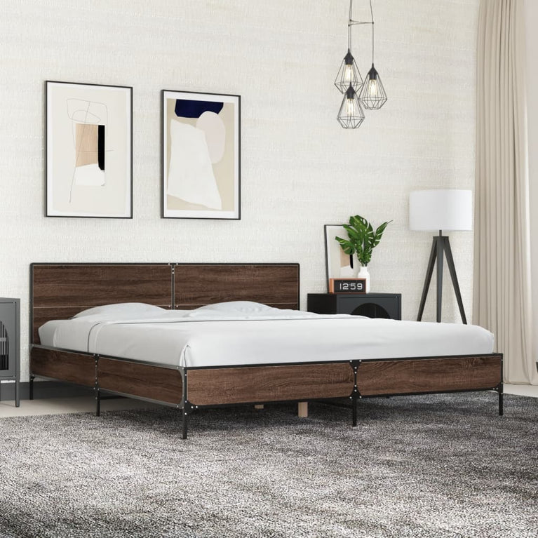 Bedframe bewerkt hout metaal bruin eikenkleur 200x200 cm