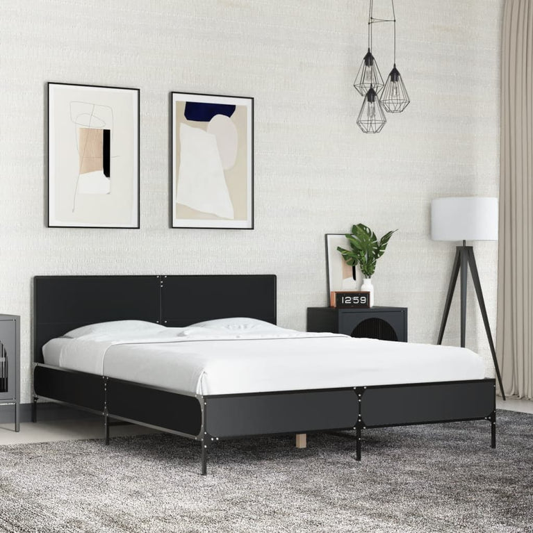 Bedframe bewerkt hout metaal zwart 120x190 cm