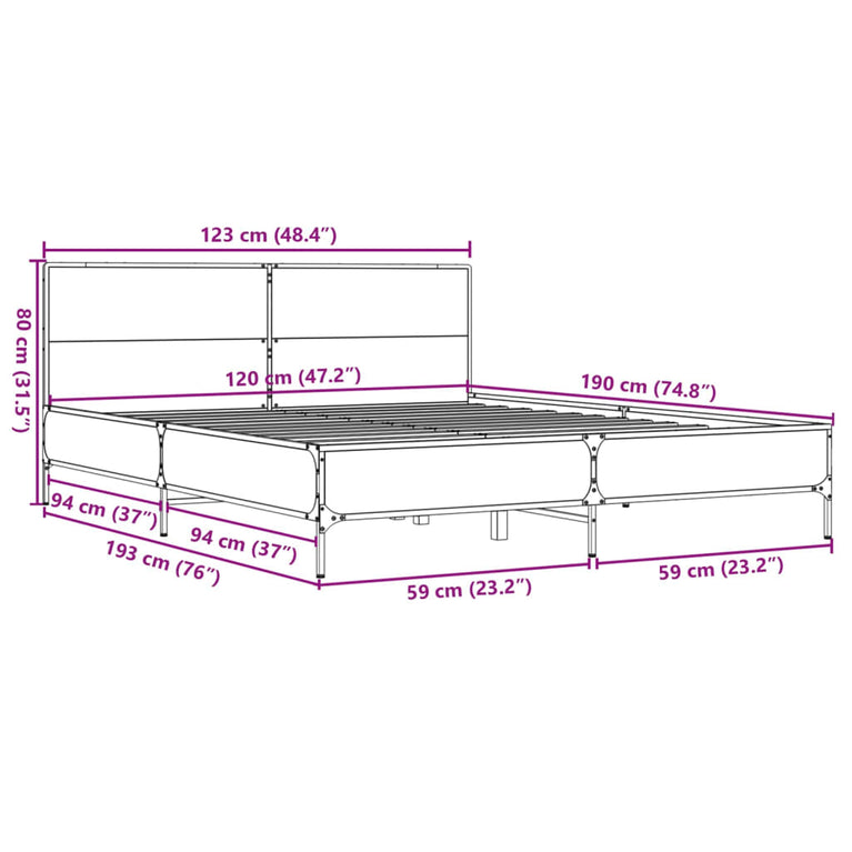 Bedframe bewerkt hout metaal sonoma eikenkleurig 120x190 cm