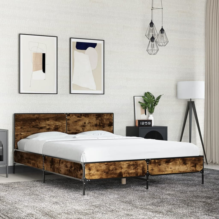 Bedframe bewerkt hout metaal gerookt eikenkleurig 120x190 cm