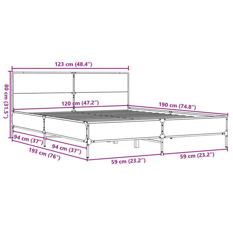 Bedframe bewerkt hout metaal gerookt eikenkleurig 120x190 cm