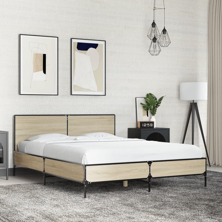 Bedframe bewerkt hout metaal sonoma eikenkleurig 135x190 cm