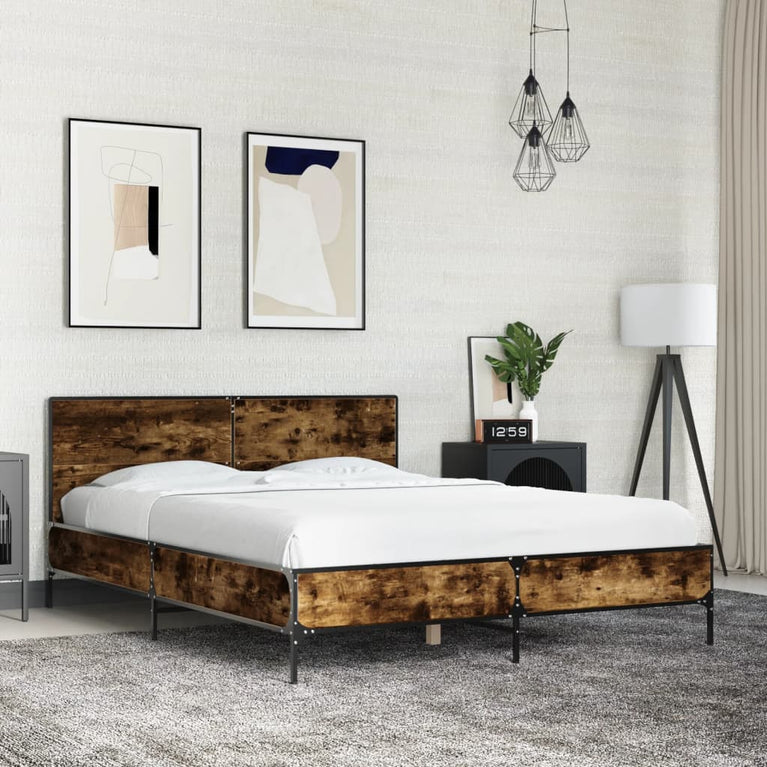 Bedframe bewerkt hout metaal gerookt eikenkleurig 135x190 cm