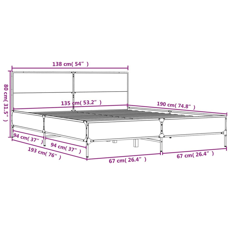 Bedframe bewerkt hout metaal gerookt eikenkleurig 135x190 cm