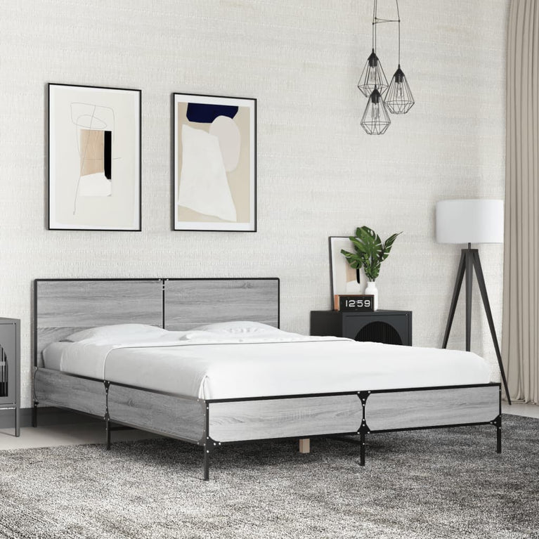 Bedframe bewerkt hout metaal grijs sonoma eiken 135x190 cm