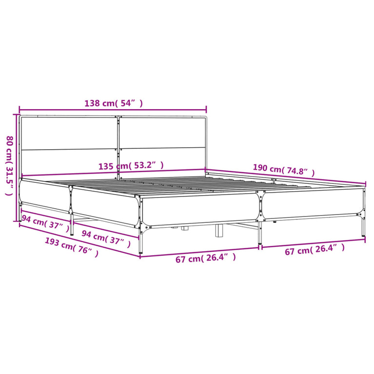 Bedframe bewerkt hout metaal grijs sonoma eiken 135x190 cm