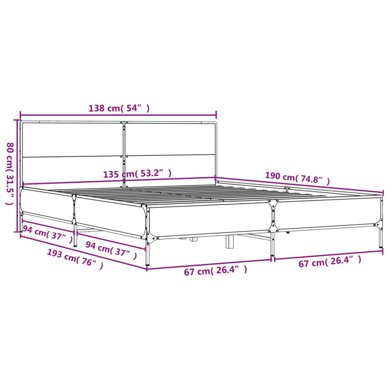 Bedframe bewerkt hout metaal bruin eikenkleur 135x190 cm