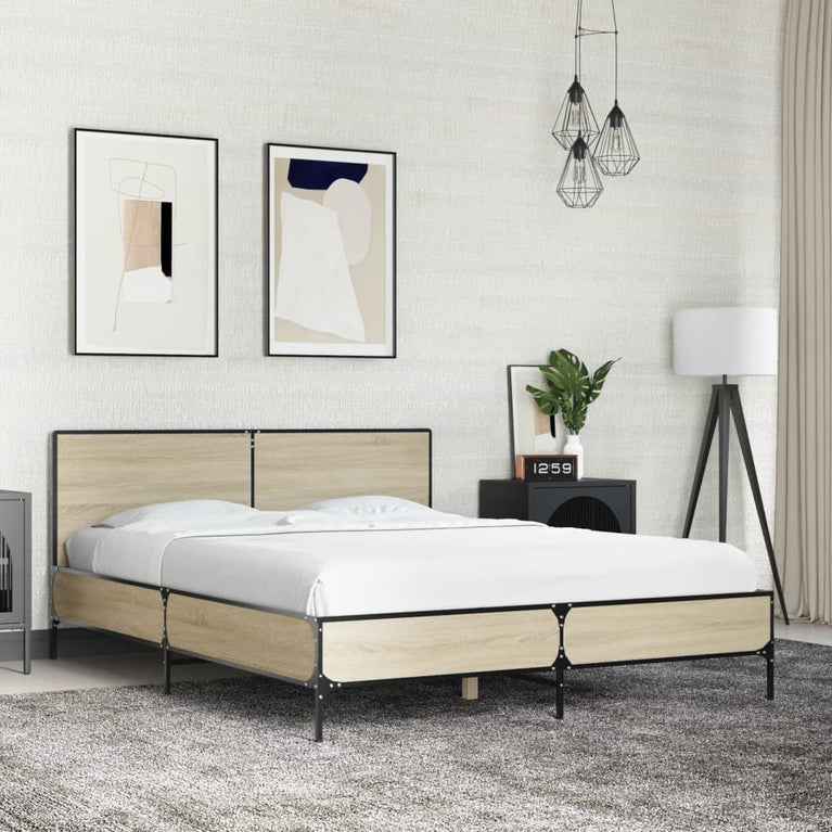 Bedframe bewerkt hout metaal sonoma eikenkleurig 90x190 cm