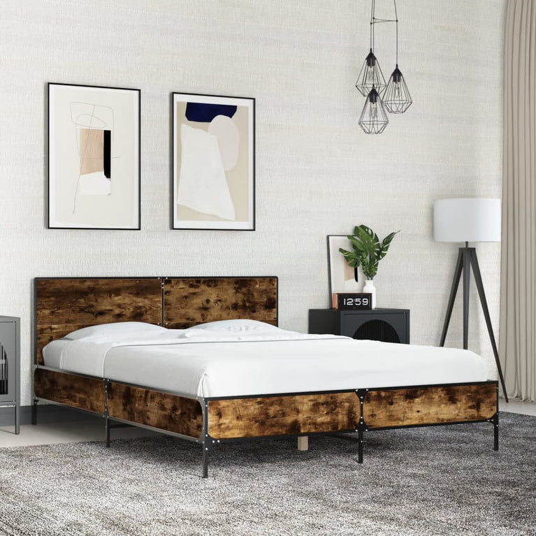 Bedframe bewerkt hout metaal gerookt eikenkleurig 140x190 cm