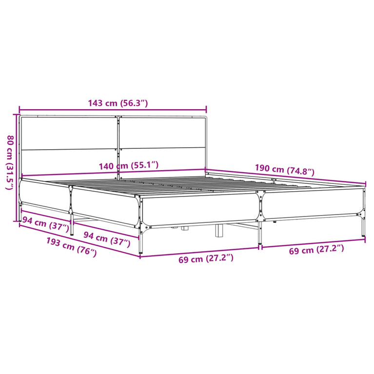Bedframe bewerkt hout metaal gerookt eikenkleurig 140x190 cm