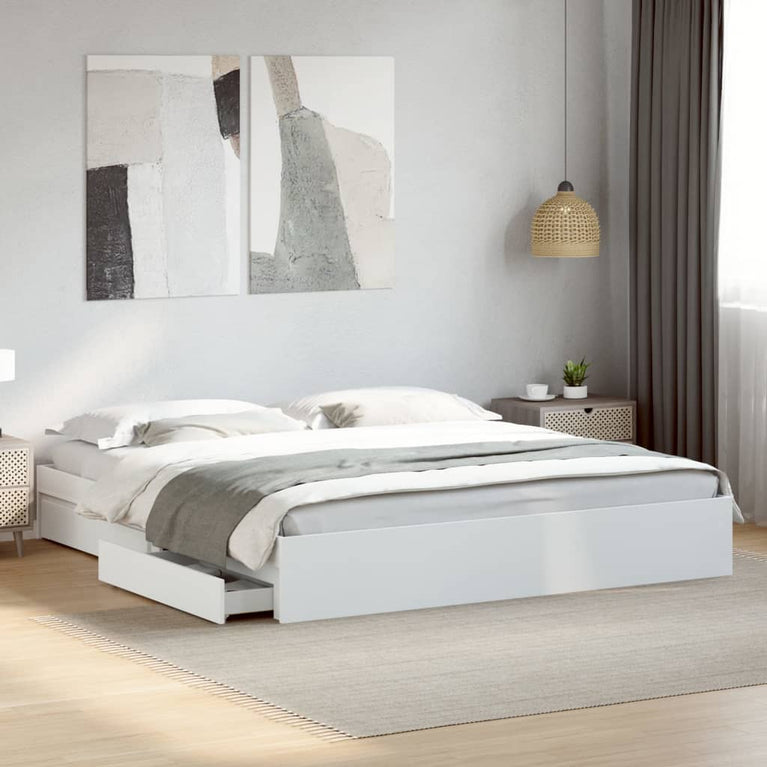 Bedframe met lades bewerkt hout wit 200x200 cm