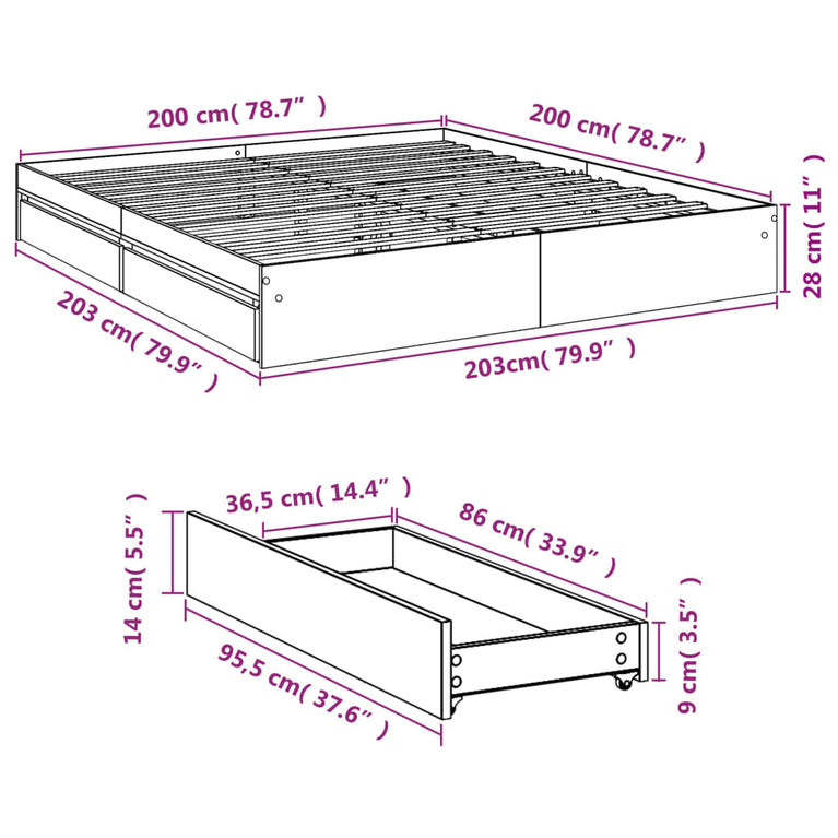 Bedframe met lades bewerkt hout zwart 200x200 cm