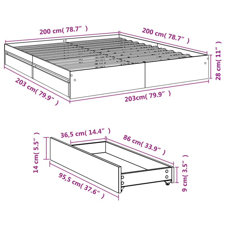 Bedframe met lades bewerkt hout gerookt eikenkleurig 200x200 cm