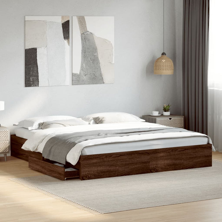 Bedframe met lades bewerkt hout bruin eikenkleurig 200x200 cm