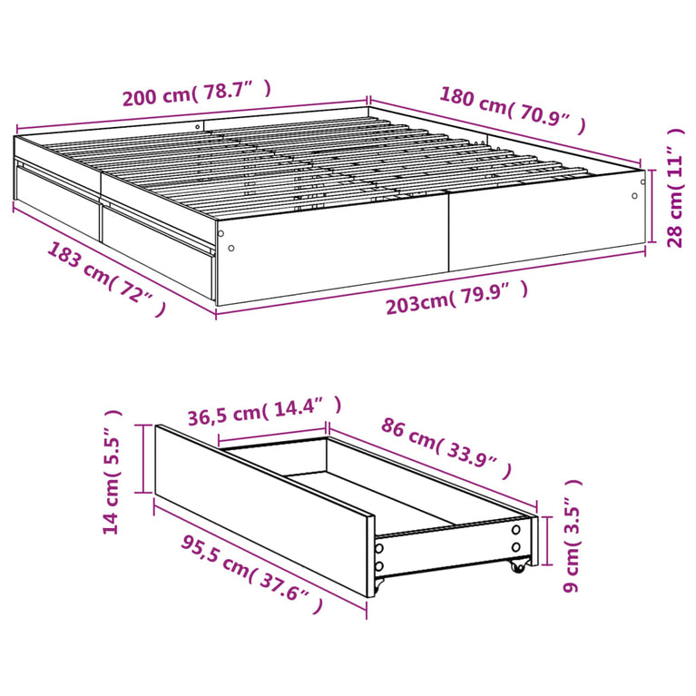 Bedframe met lades bewerkt hout sonoma eikenkleurig 180x200 cm