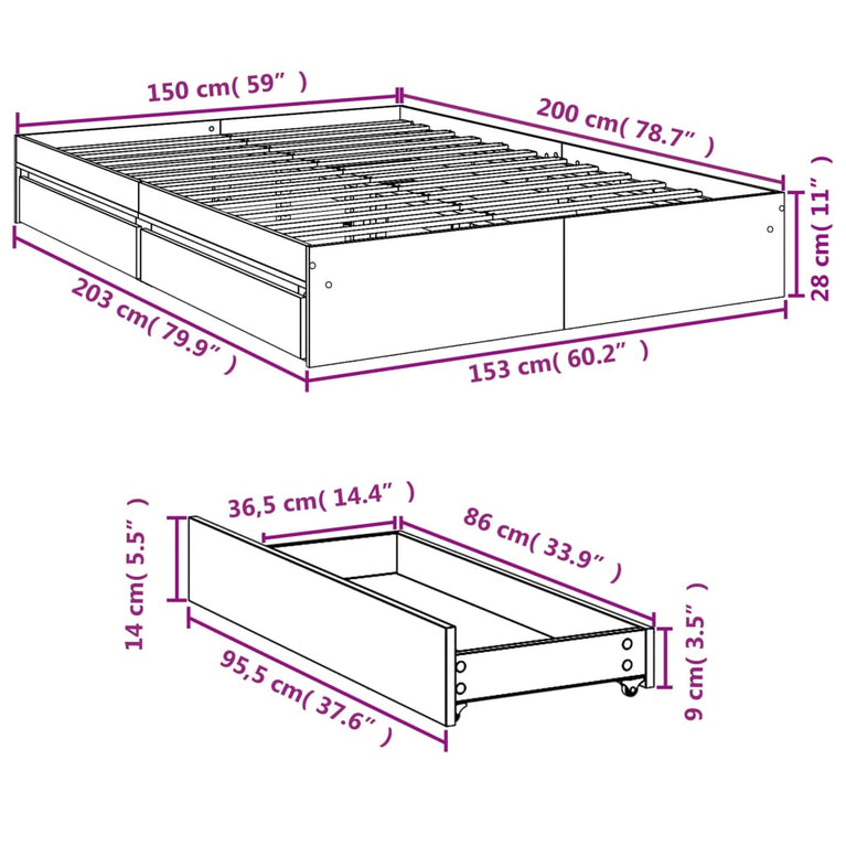 Bedframe met lades bewerkt hout zwart 150x200 cm