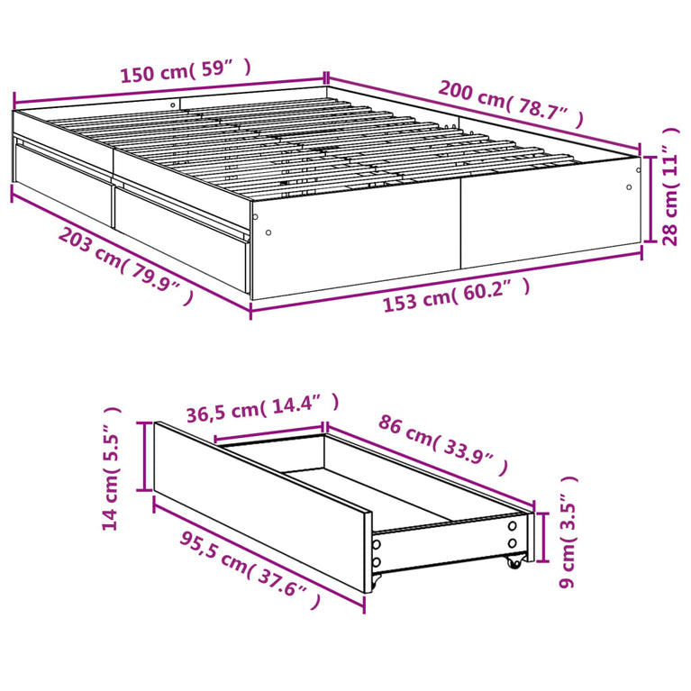 Bedframe met lades bewerkt hout bruin eikenkleurig 150x200 cm