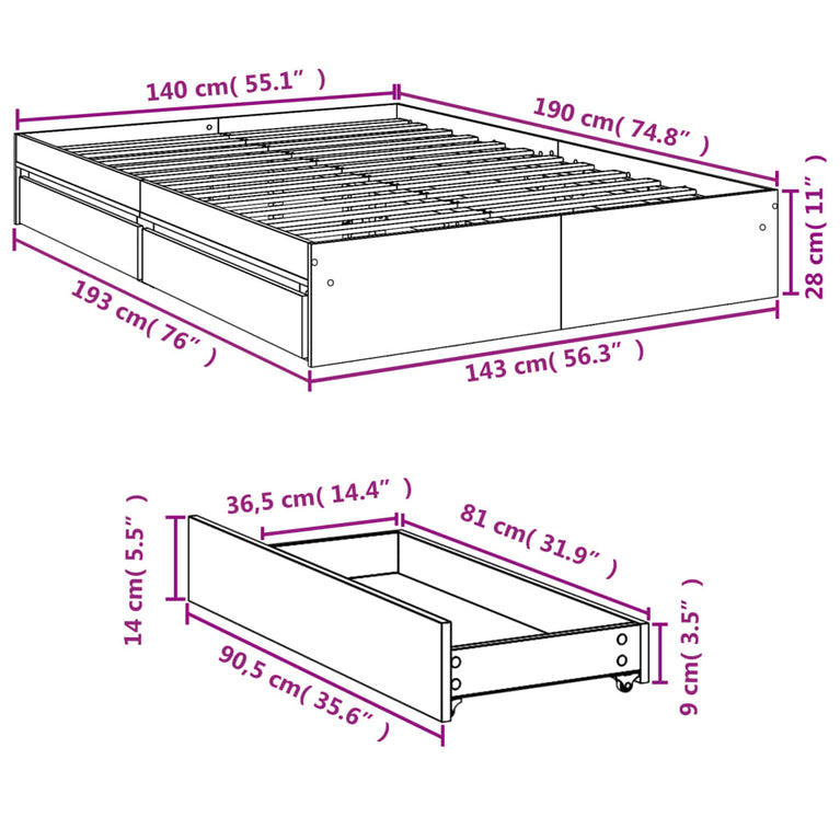 Bedframe met lades bewerkt hout zwart 140x200 cm