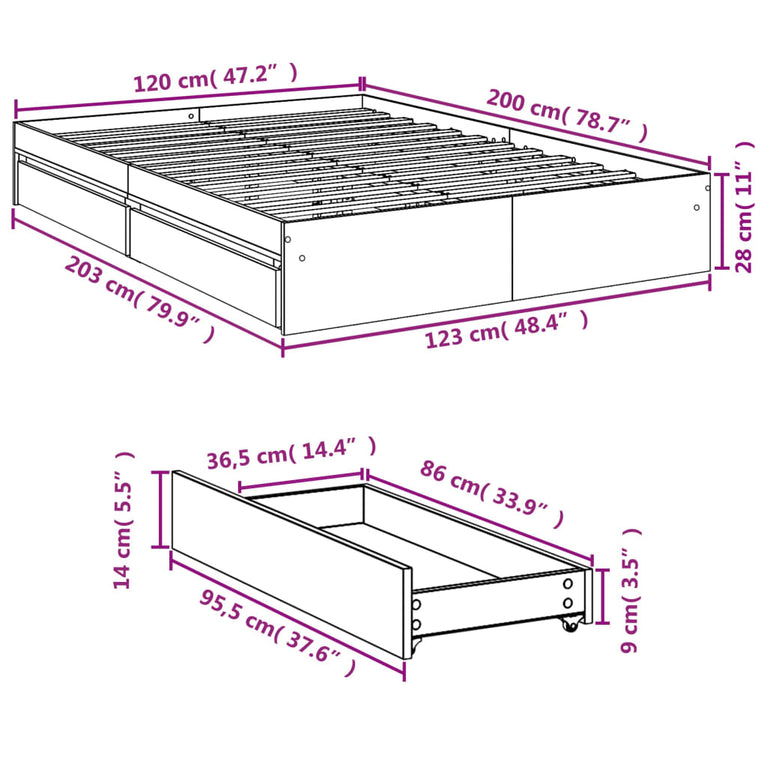 Bedframe met lades bewerkt hout wit 120x200 cm