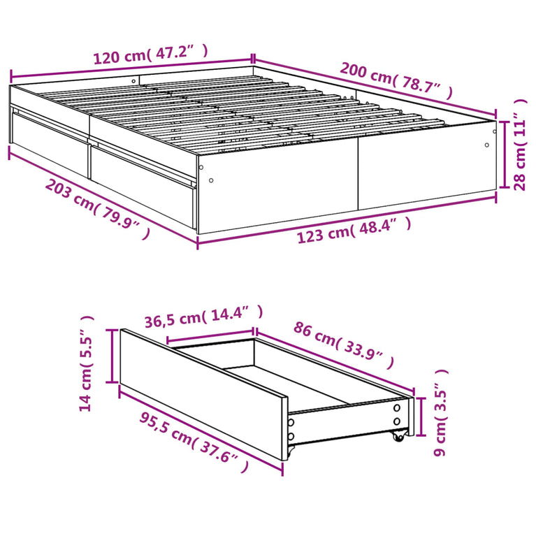 Bedframe met lades bewerkt hout sonoma eikenkleurig 120x200 cm