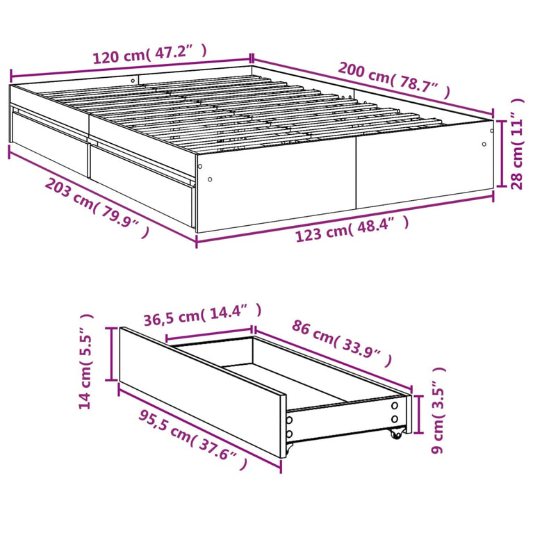 Bedframe met lades bewerkt hout gerookt eikenkleurig 120x200 cm