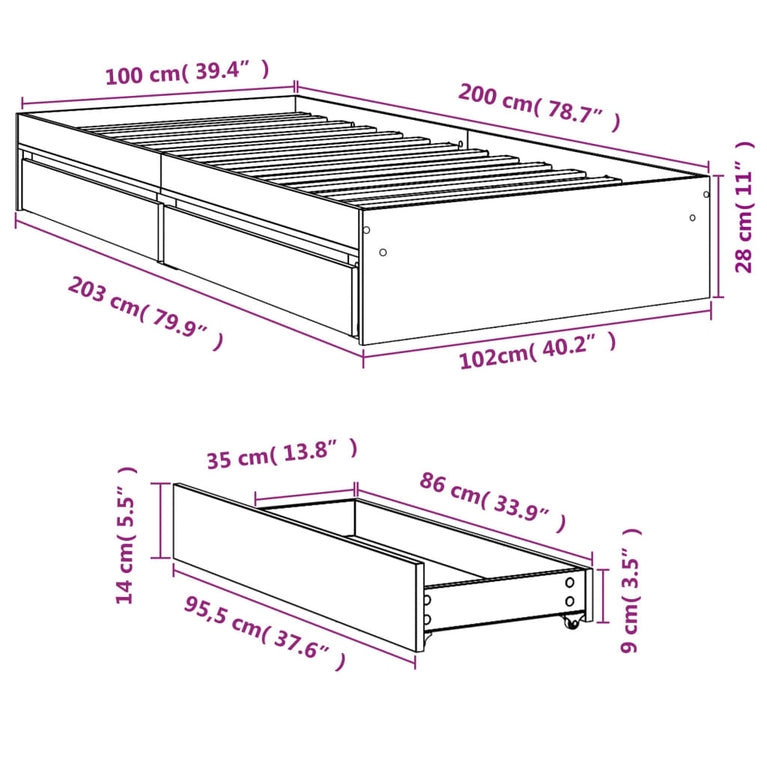 Bedframe met lades bewerkt hout sonoma eikenkleurig 100x200 cm