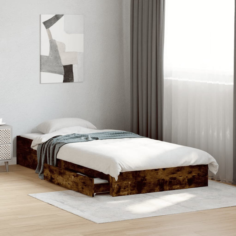 Bedframe met lades bewerkt hout gerookt eikenkleurig 100x200 cm