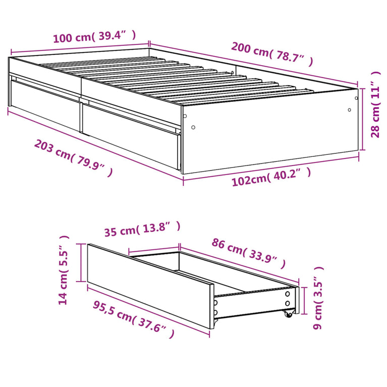 Bedframe met lades bewerkt hout gerookt eikenkleurig 100x200 cm