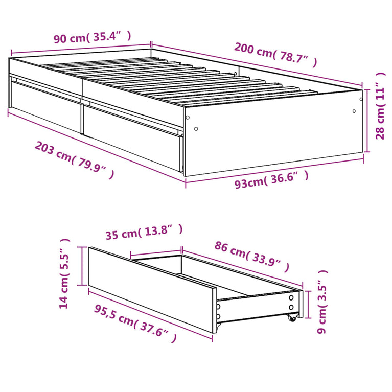 Bedframe met lades bewerkt hout wit 90x200 cm
