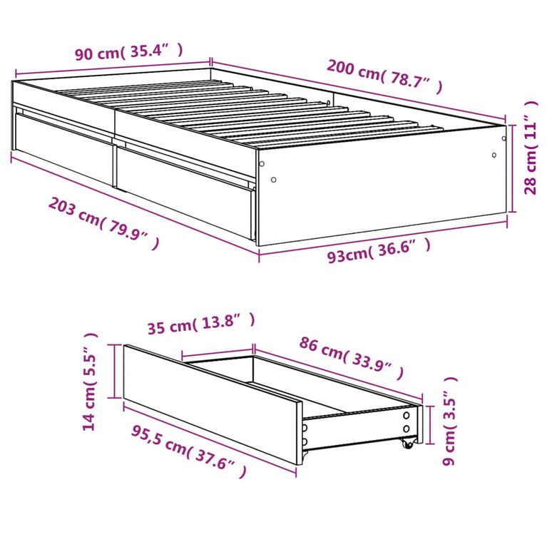 Bedframe met lades bewerkt hout zwart 90x200 cm