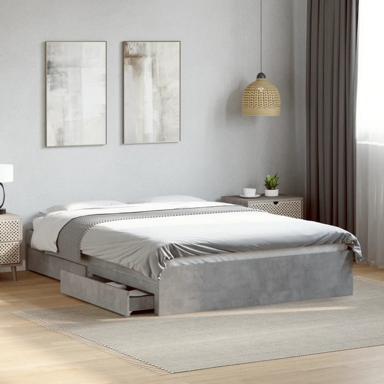 Bedframe met lades bewerkt hout betongrijs 140x190 cm