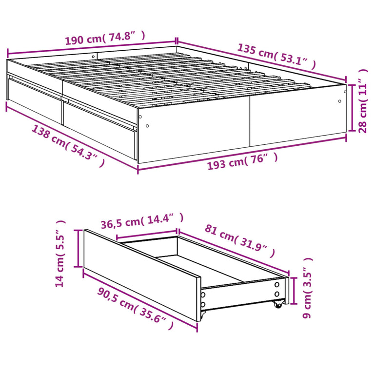 Bedframe met lades bewerkt hout bruin eikenkleurig 135x190 cm