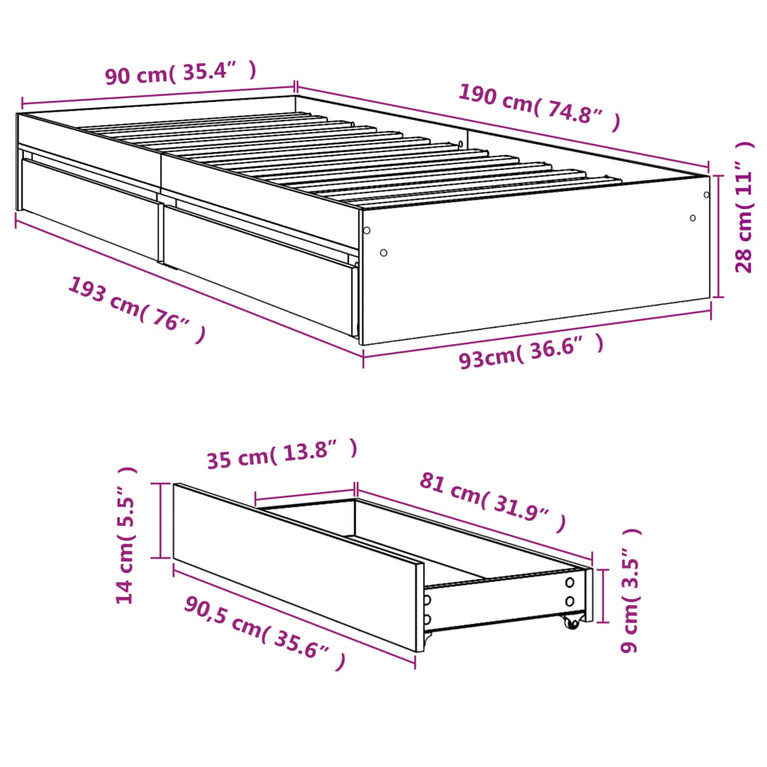 Bedframe met lades bewerkt hout betongrijs 90x190 cm