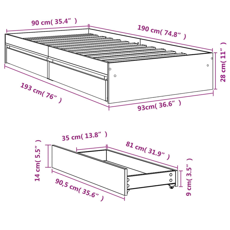 Bedframe met lades bewerkt hout gerookt eikenkleurig 90x190 cm