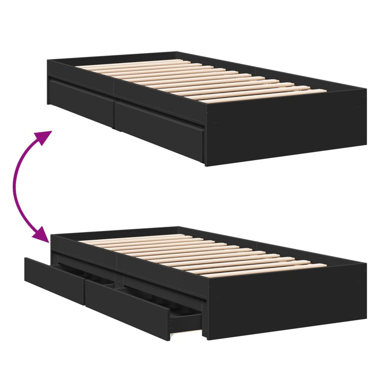 Bedframe met lades bewerkt hout zwart 75x190 cm