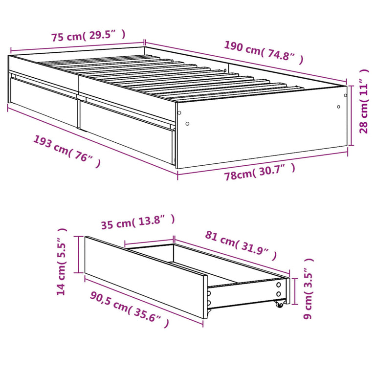 Bedframe met lades bewerkt hout sonoma eikenkleurig 75x190 cm
